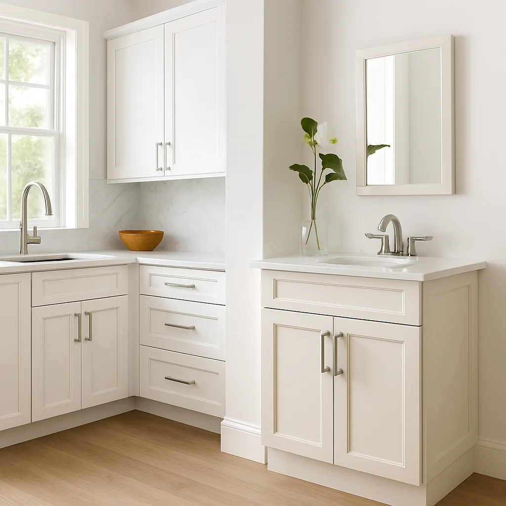 A bright, freshly renovated kitchen featuring white shaker cabinets with brushed-nickel pulls, open shelving, and warm under-cabinet lighting over a marble-look countertop